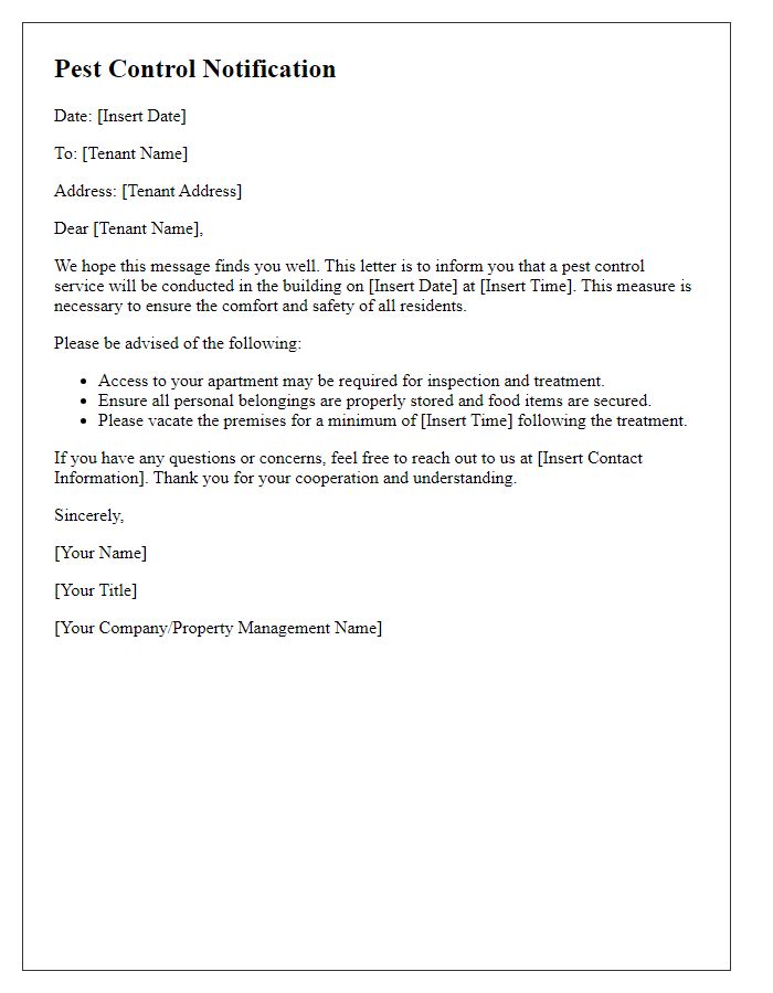 Letter template of pest control notification for tenant correspondence.