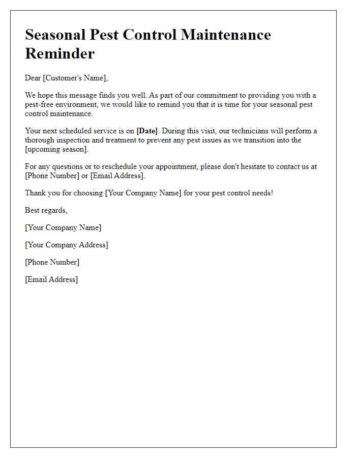 Letter template of pest control reminder for seasonal maintenance.