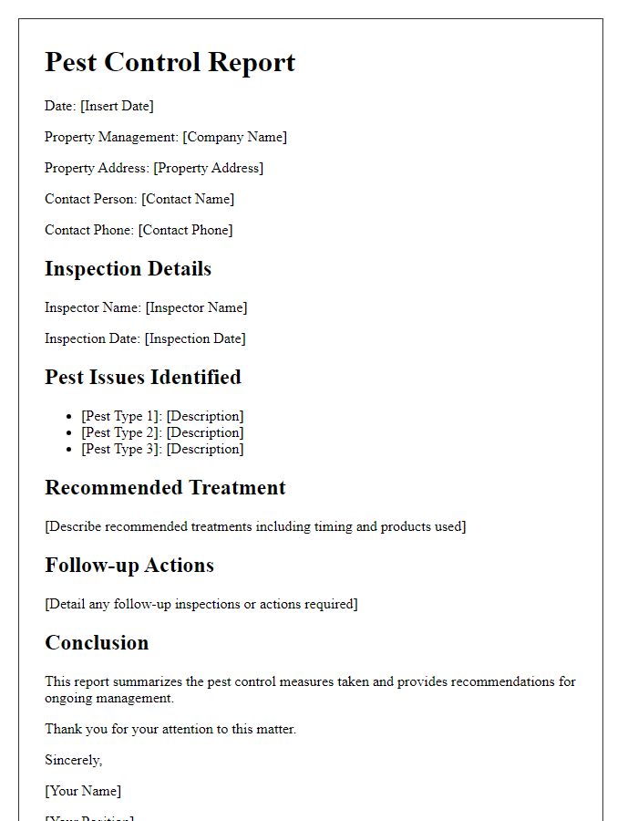 Letter template of pest control report for property management.