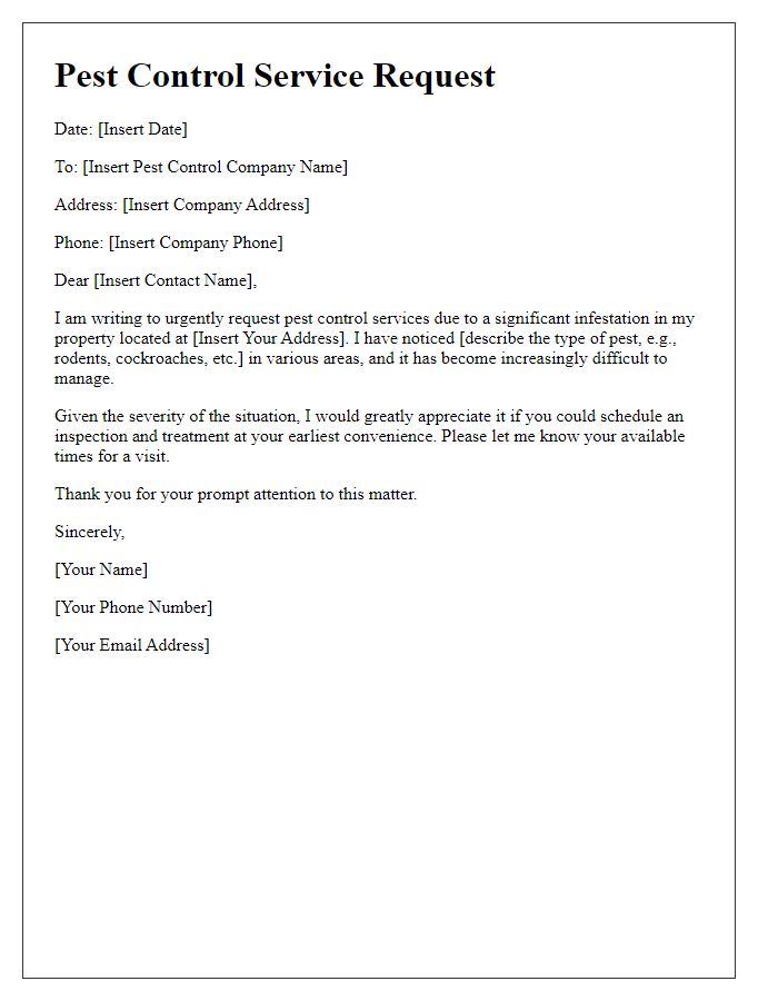 Letter template of pest control service request for urgent infestation.