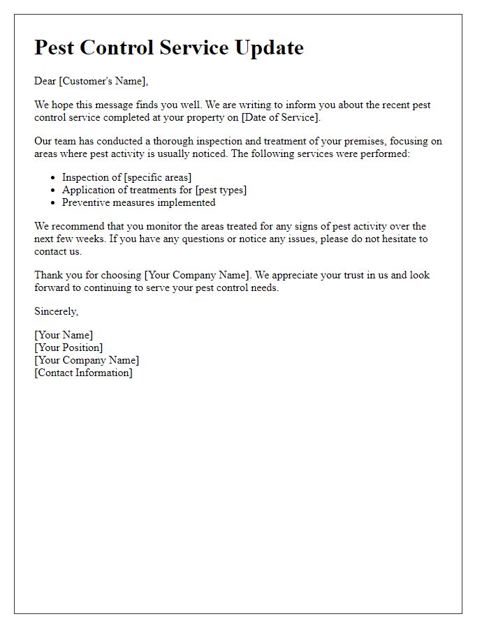 Letter template of pest control update for recently completed service.