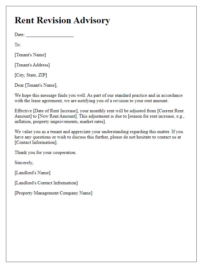 Letter template of Rent Revision Advisory