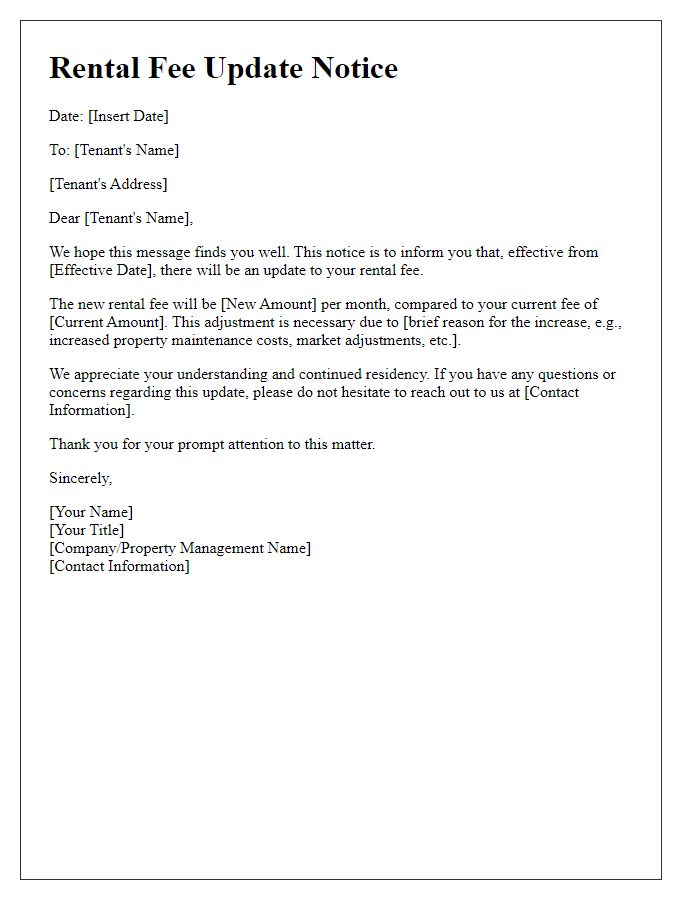 Letter template of Rental Fee Update Notice