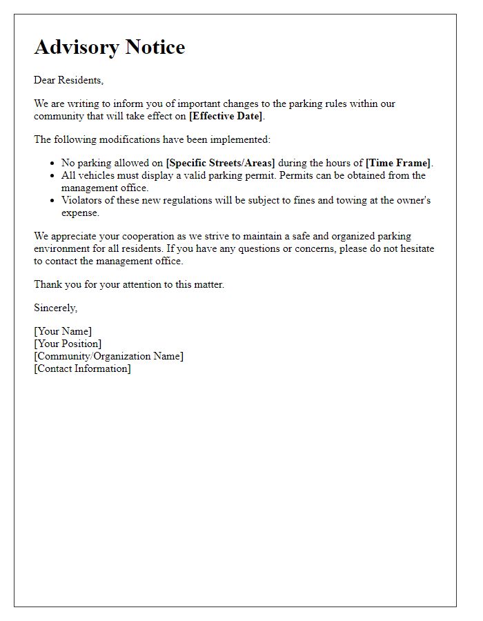 Letter template of advisory on changes to parking rules