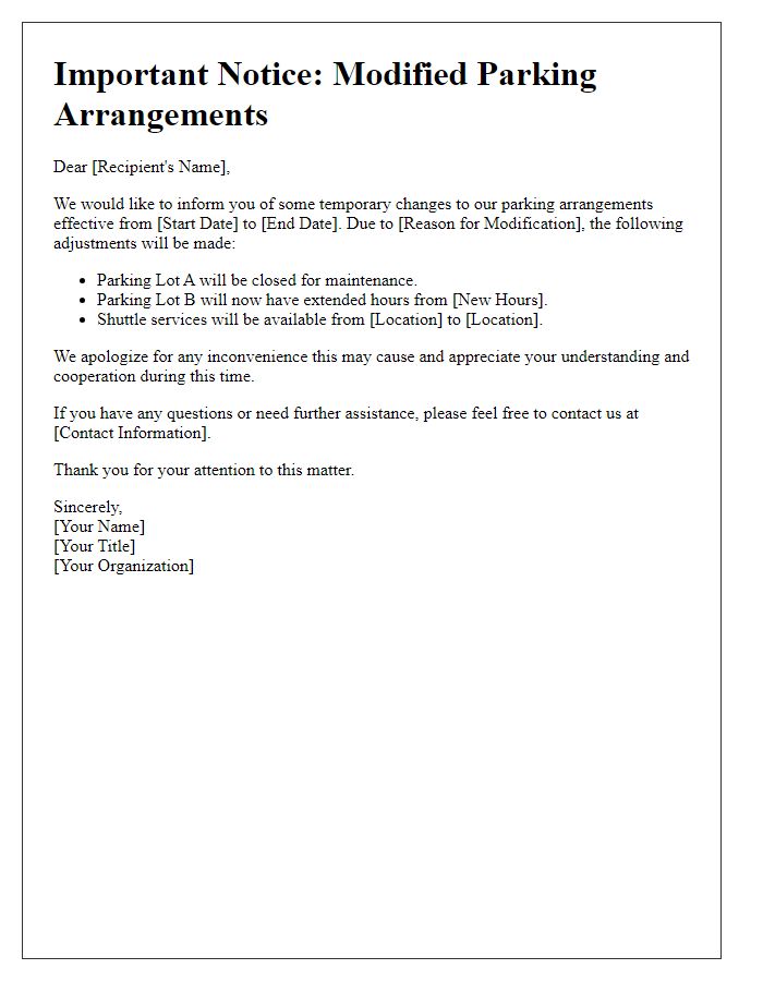 Letter template of alert for modified parking arrangements