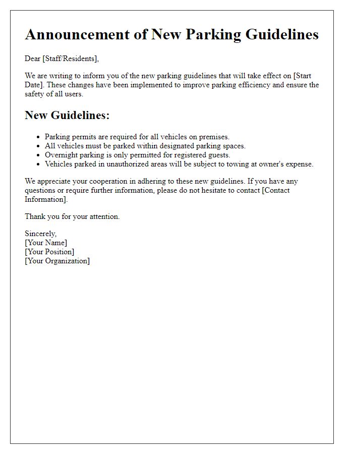 Letter template of announcement for new parking guidelines