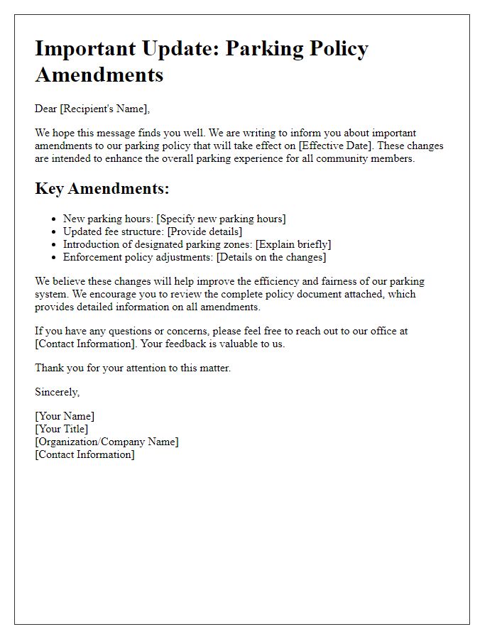 Letter template of communication about parking policy amendments