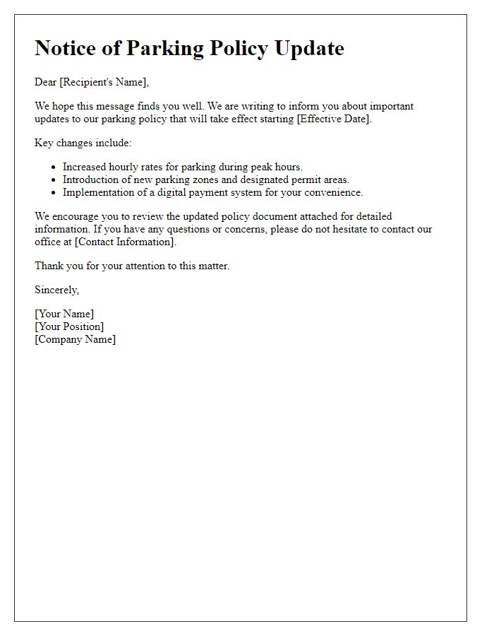 Letter template of information regarding parking policy updates