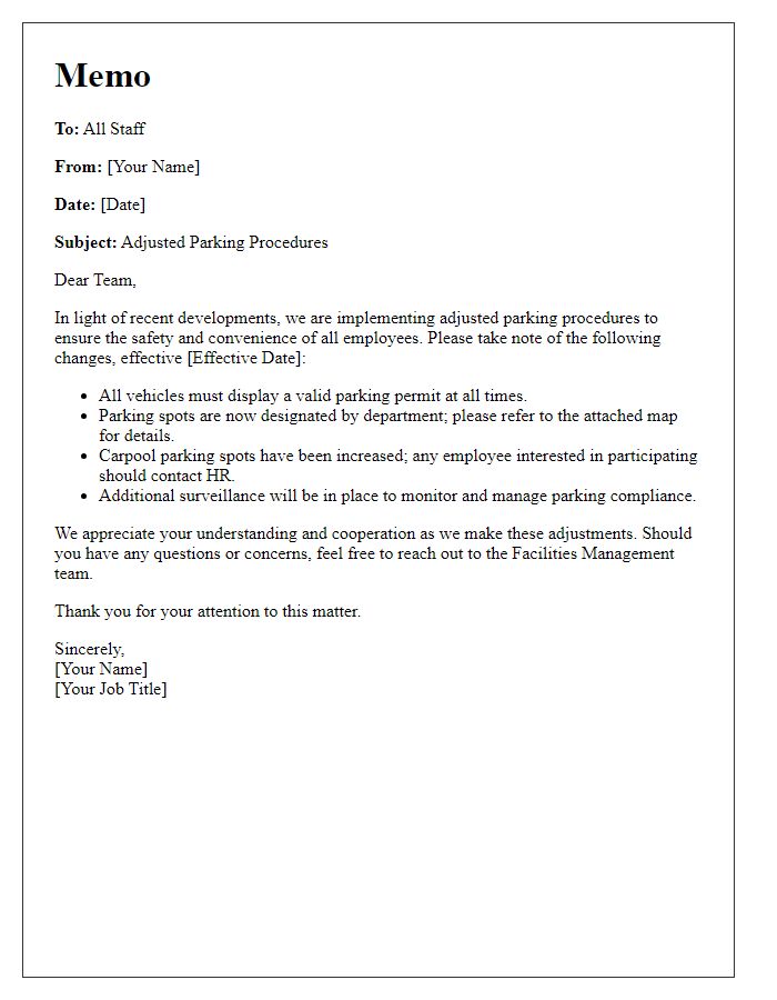 Letter template of memo for adjusted parking procedures