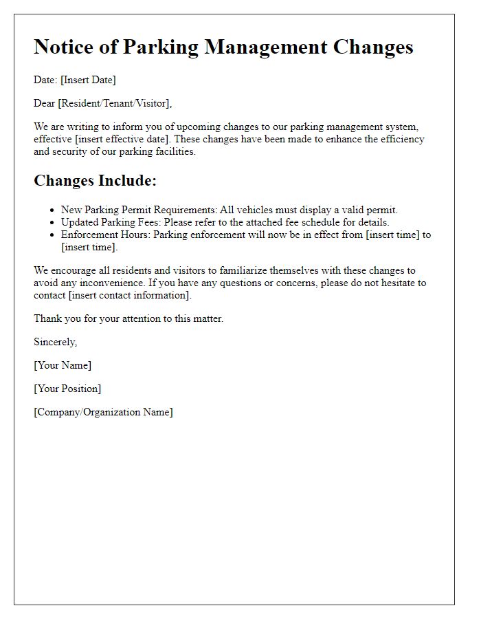 Letter template of notice related to parking management changes