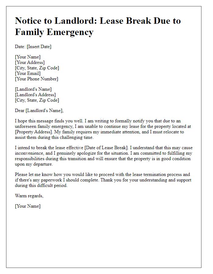 Letter template of Informing Landlord About Lease Break for Family Emergency