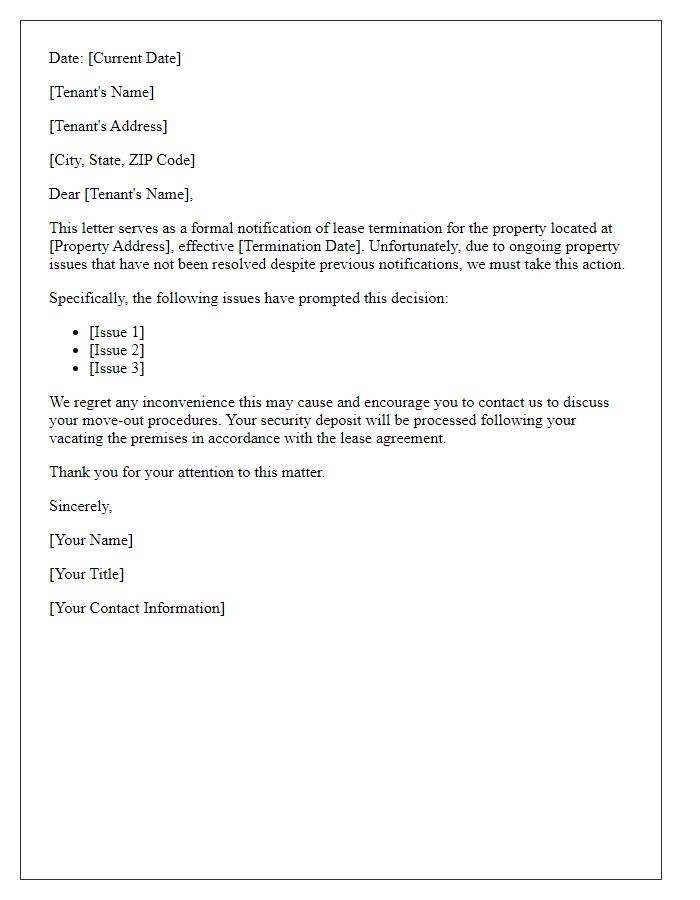 Letter template of Lease Termination Notification Due to Property Issues