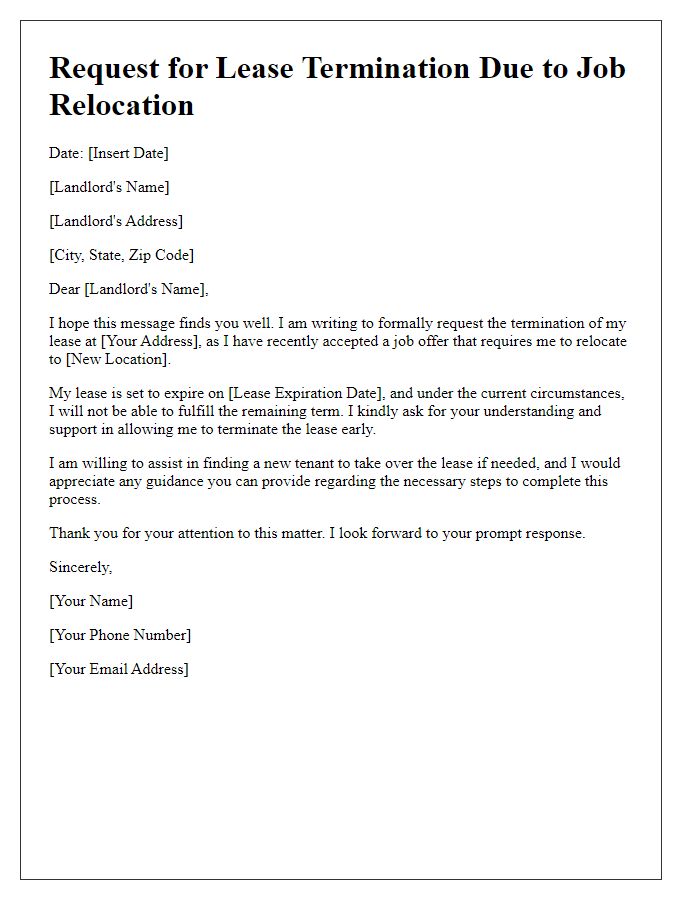 Letter template of Request for Lease Termination Due to Job Relocation