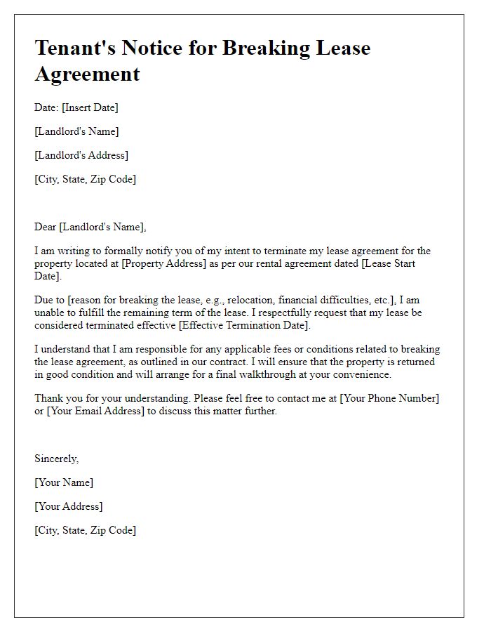 Letter template of Tenant's Notice for Breaking Lease Agreement