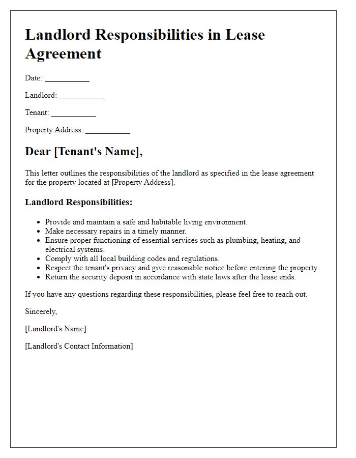 Letter template of landlord responsibilities in lease