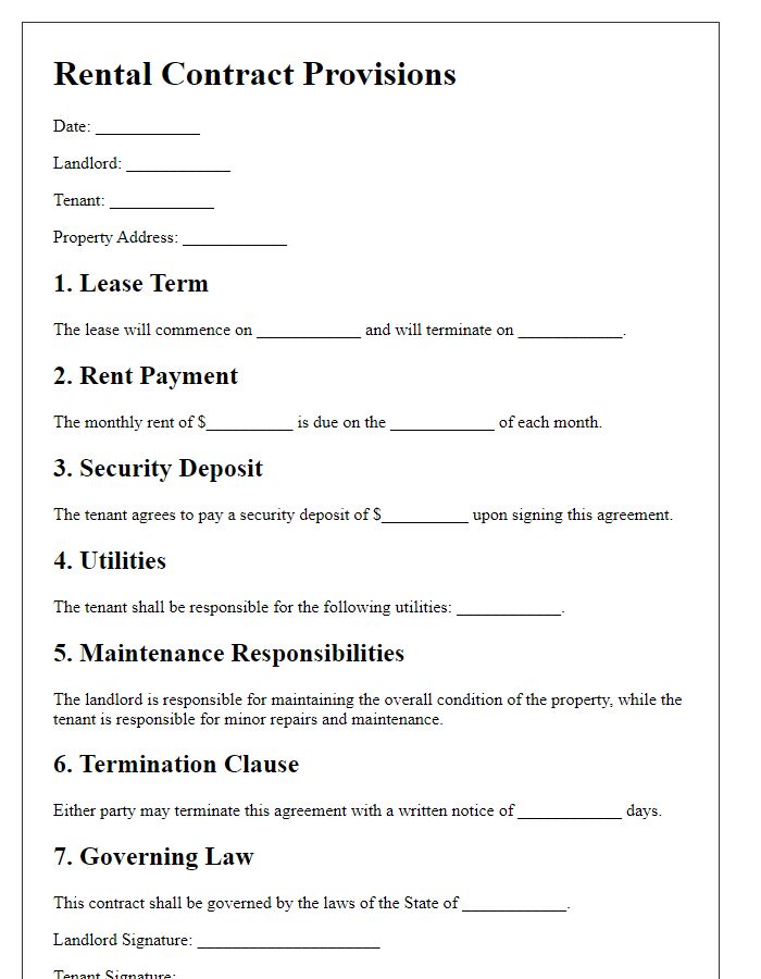 Letter template of rental contract provisions