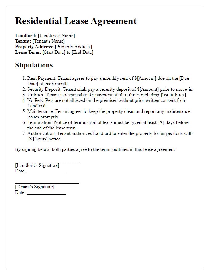 Letter template of residential lease agreement stipulations