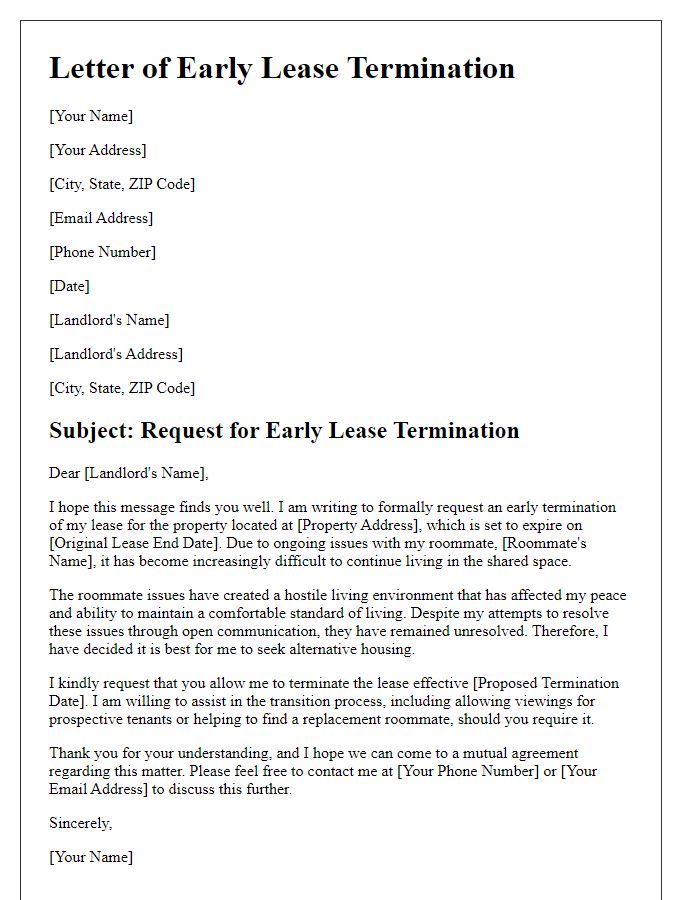 Letter template of early lease termination because of roommate issues