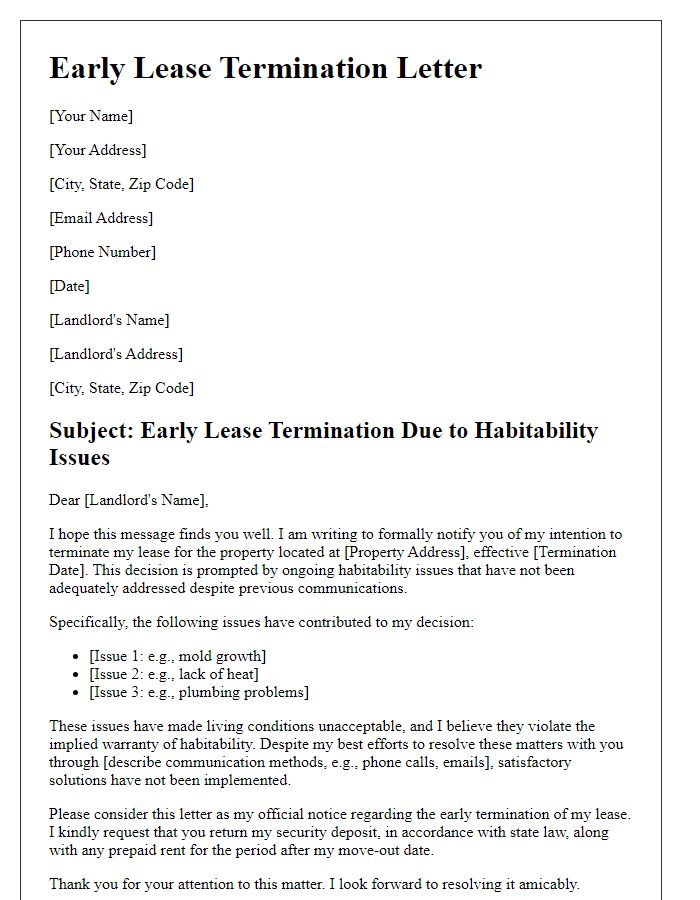 Letter template of early lease termination for habitability issues