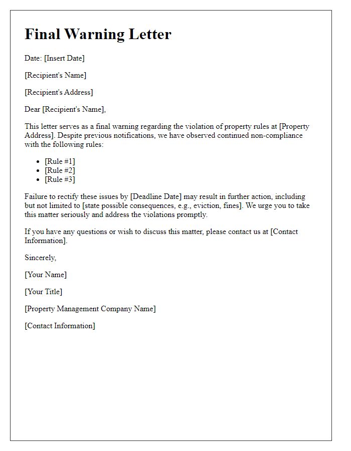 Letter template of property rule enforcement final warning