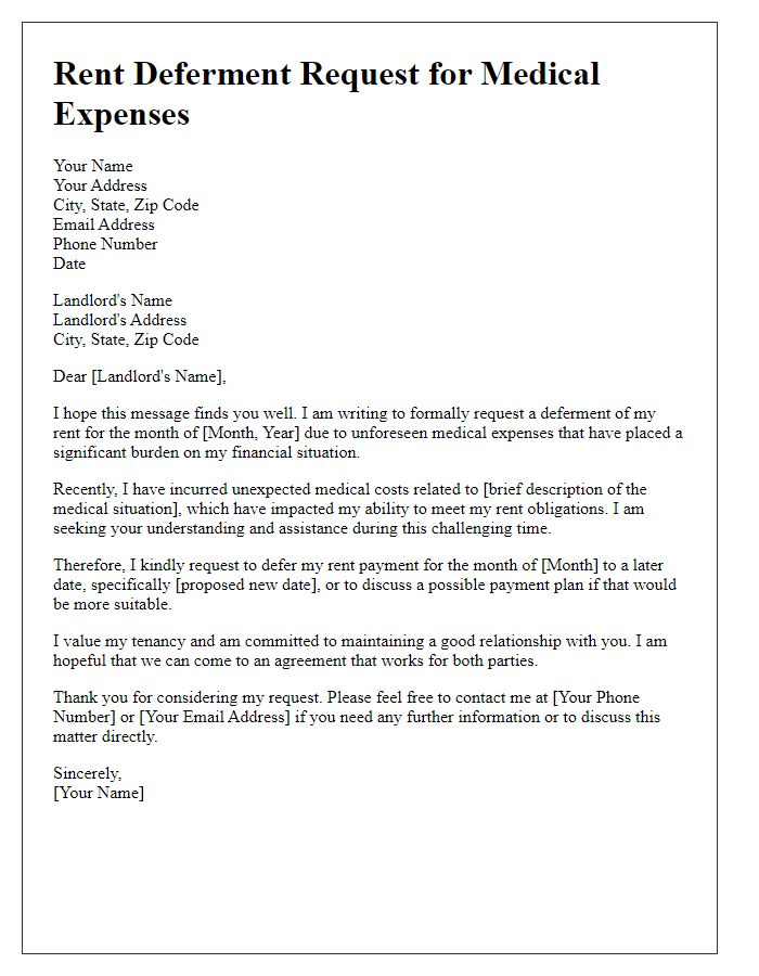 Letter template of rent deferment request for medical expenses.