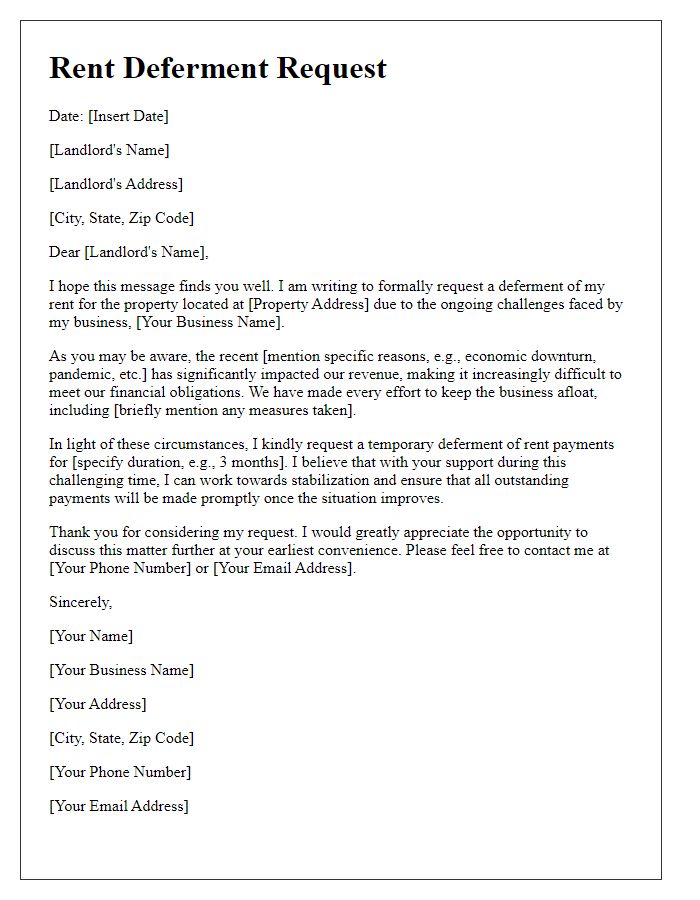 Letter template of rent deferment request for small business owners.