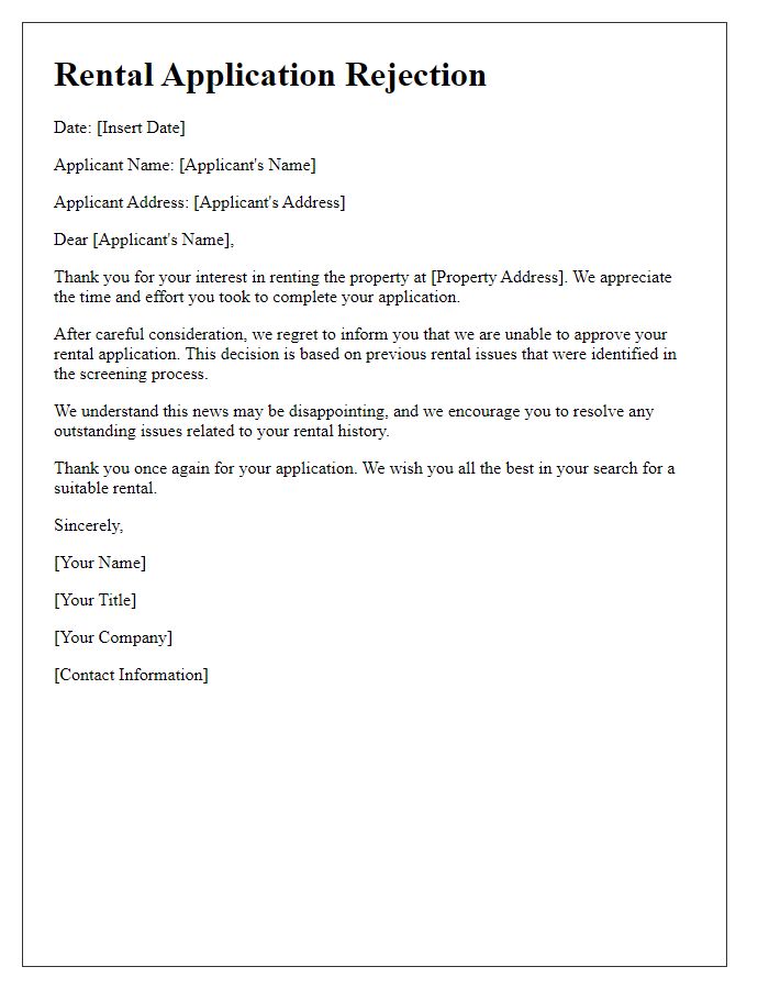 Letter template of rental application rejection based on previous rental issues