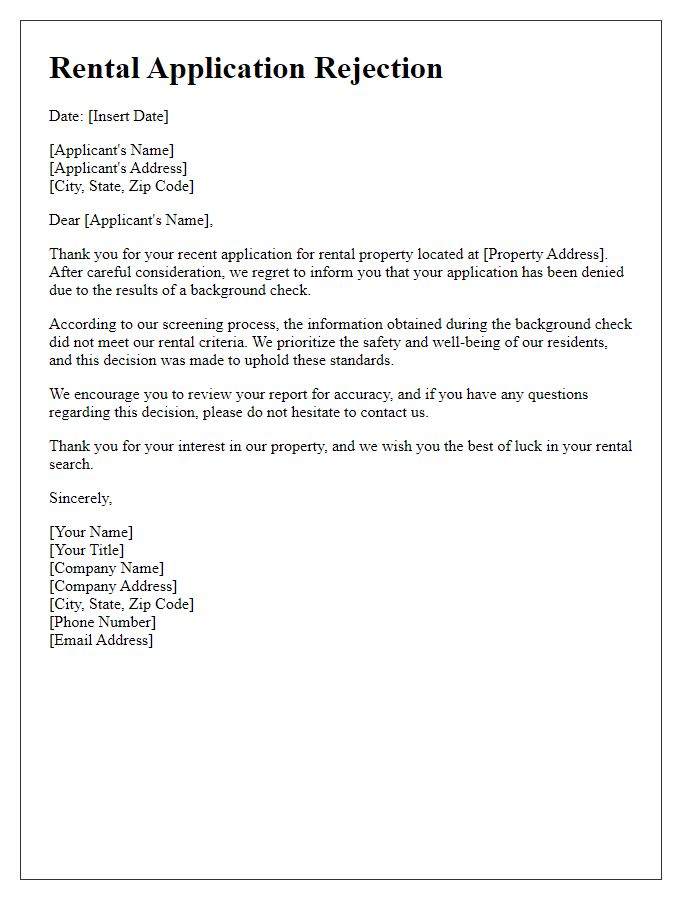 Letter template of rental application rejection based on unfavorable background check