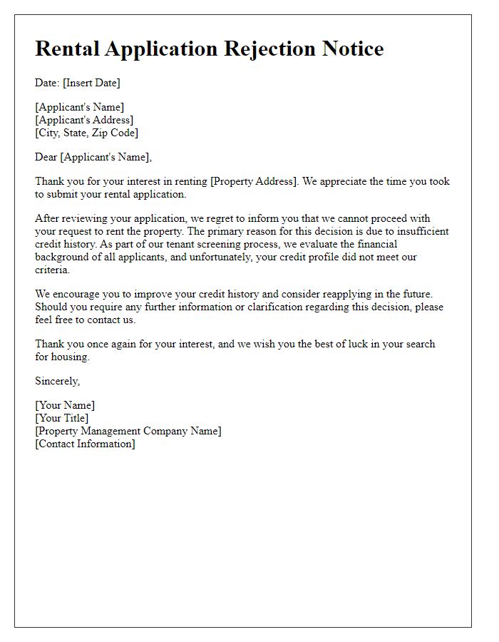 Letter template of rental application rejection due to insufficient credit history