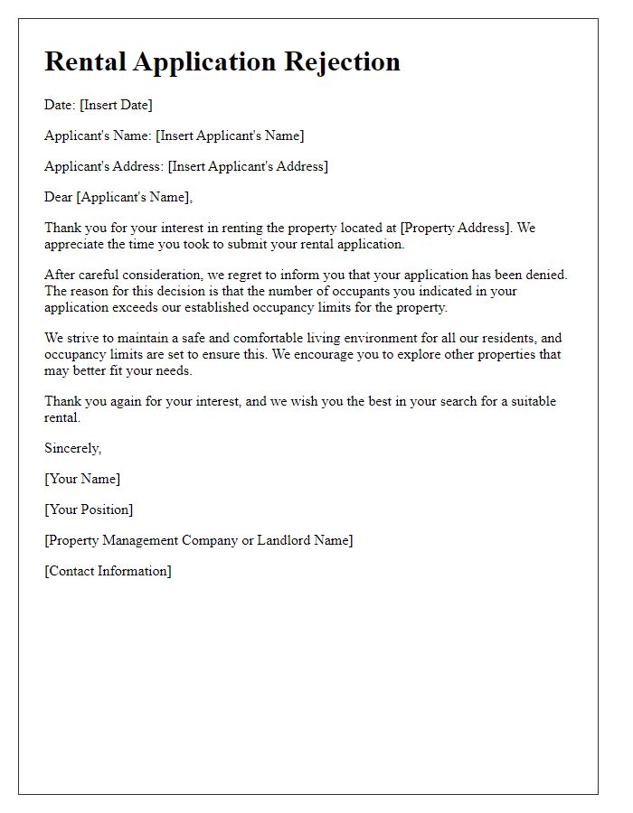 Letter template of rental application rejection for exceeding occupancy limits