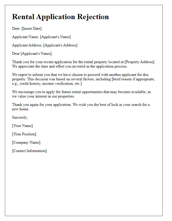 Letter template of rental application rejection for not being the selected applicant