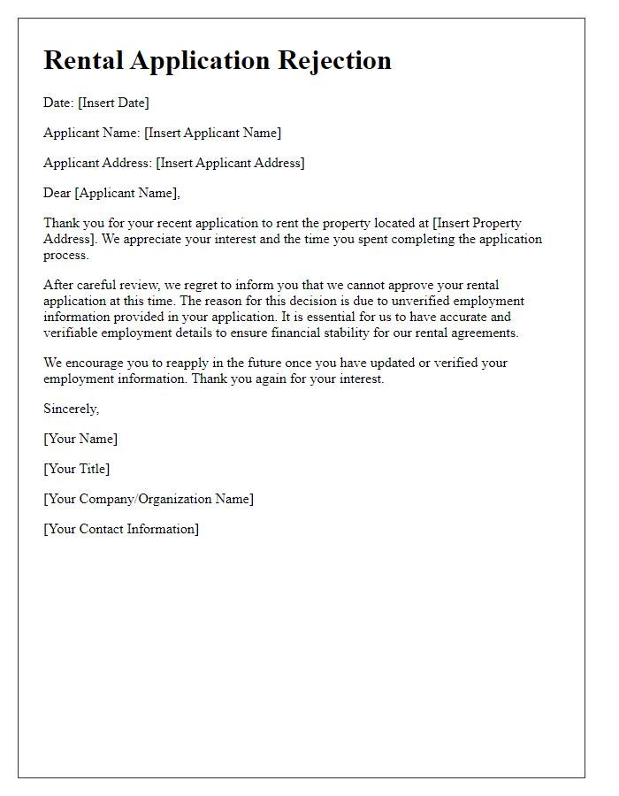 Letter template of rental application rejection for unverified employment