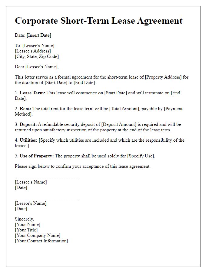 Letter template of corporate short-term lease