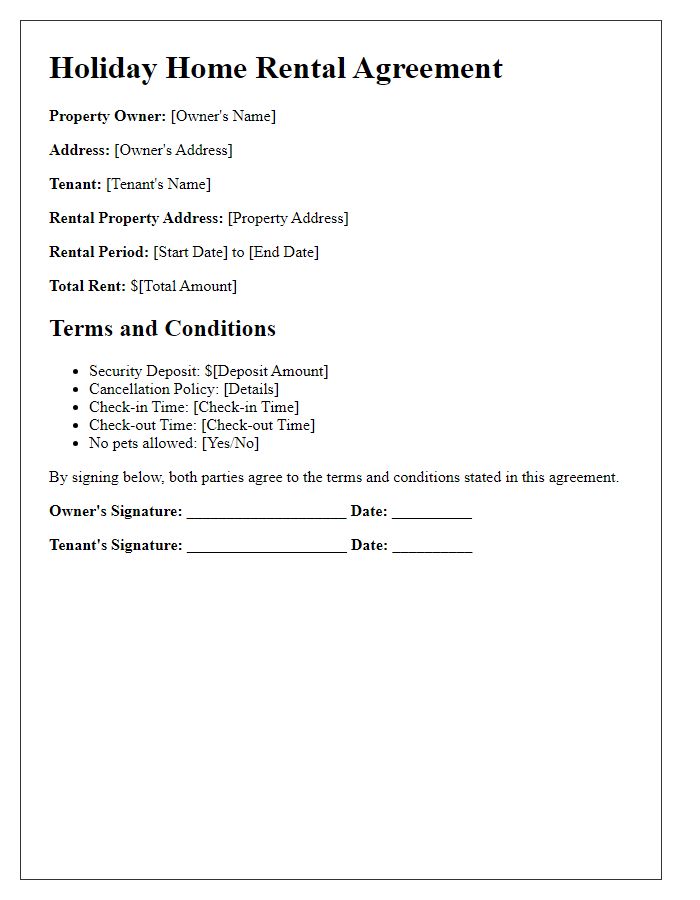 Letter template of holiday home rental agreement