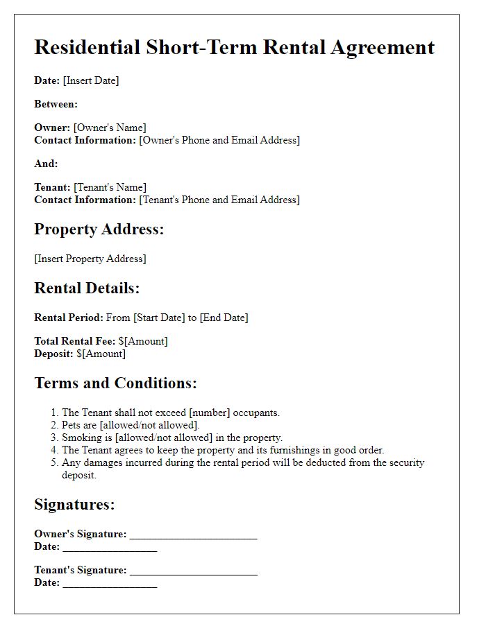 Letter template of residential short-term rental agreement