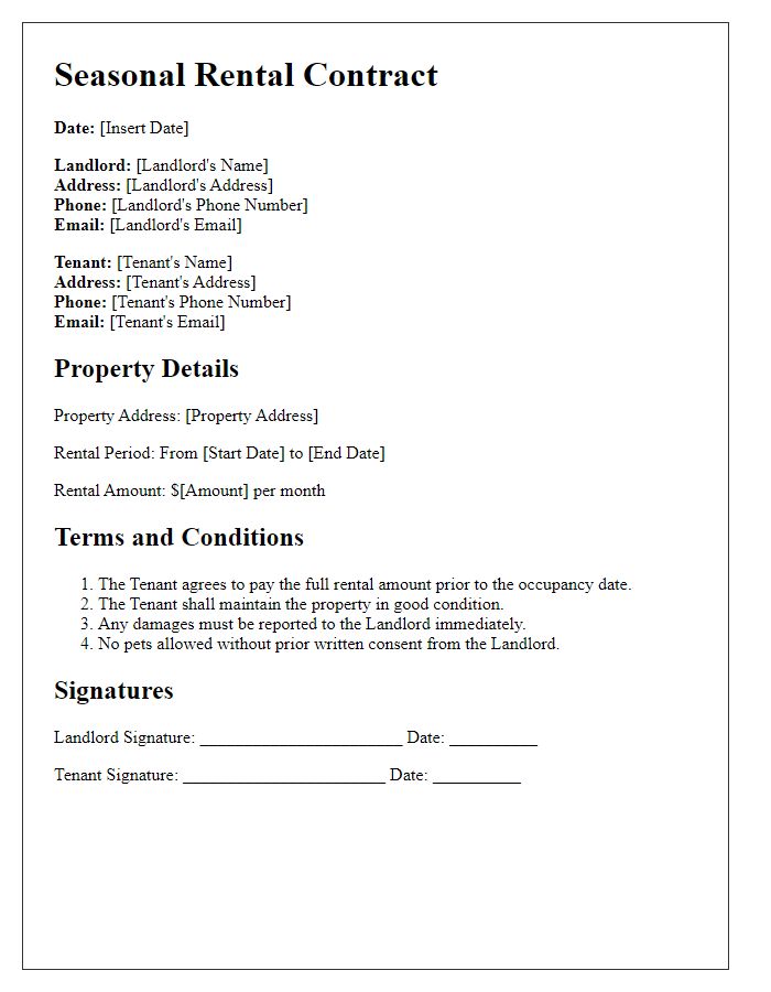 Letter template of seasonal rental contract