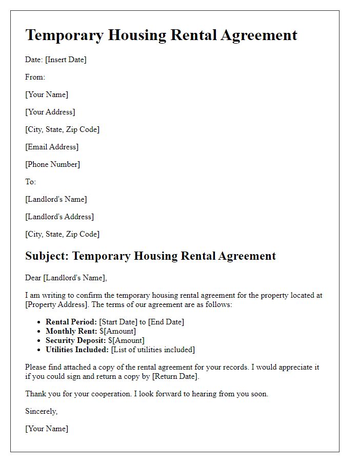 Letter template of temporary housing rental