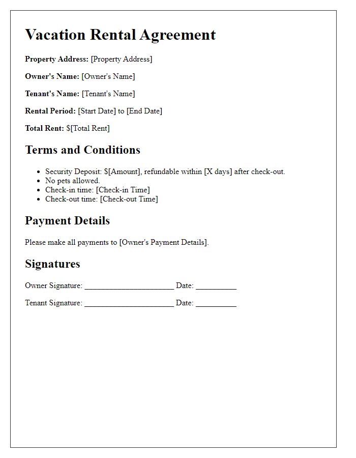 Letter template of vacation rental agreement