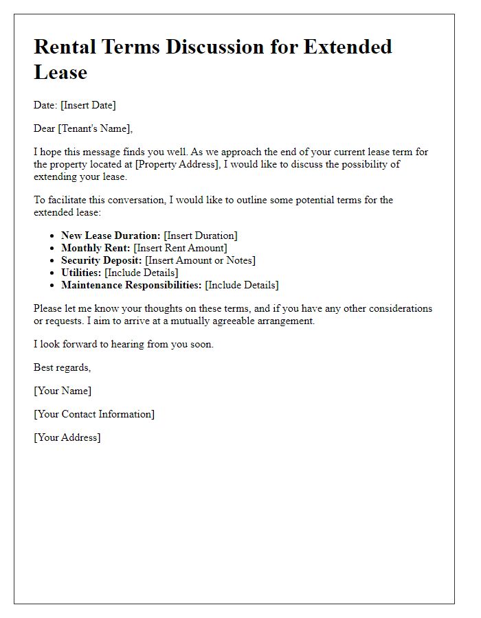 Letter template of rental terms discussion for extended leases.