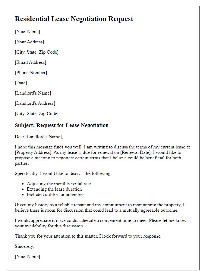 Letter template of residential lease negotiation request.