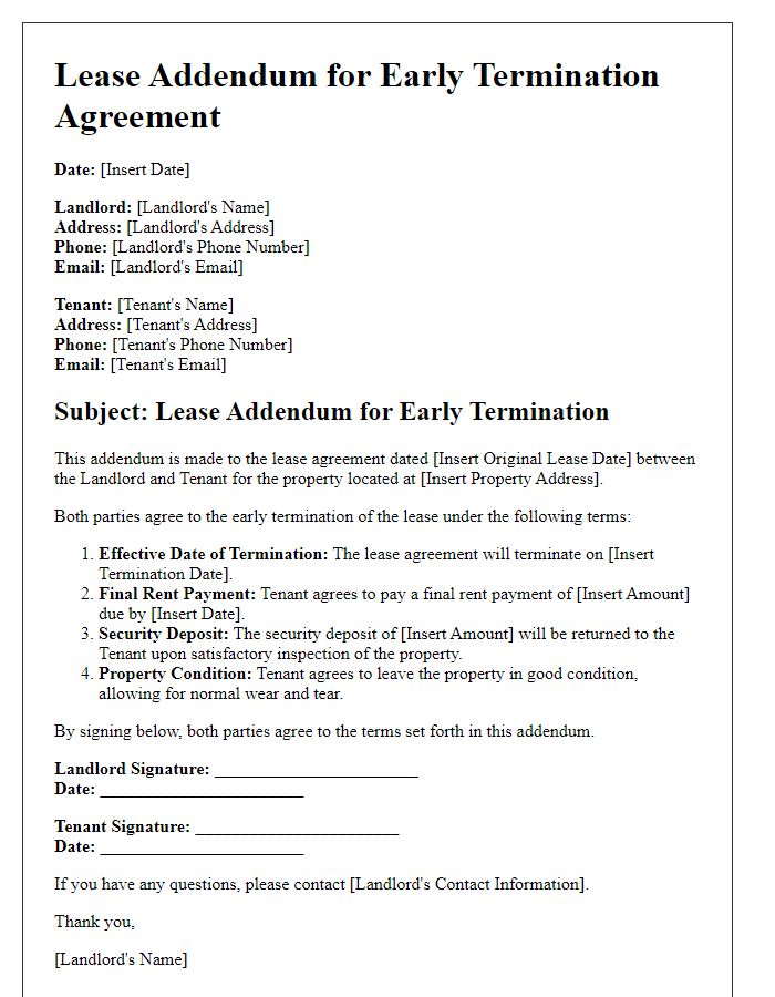 Letter template of lease addendum for early termination agreement