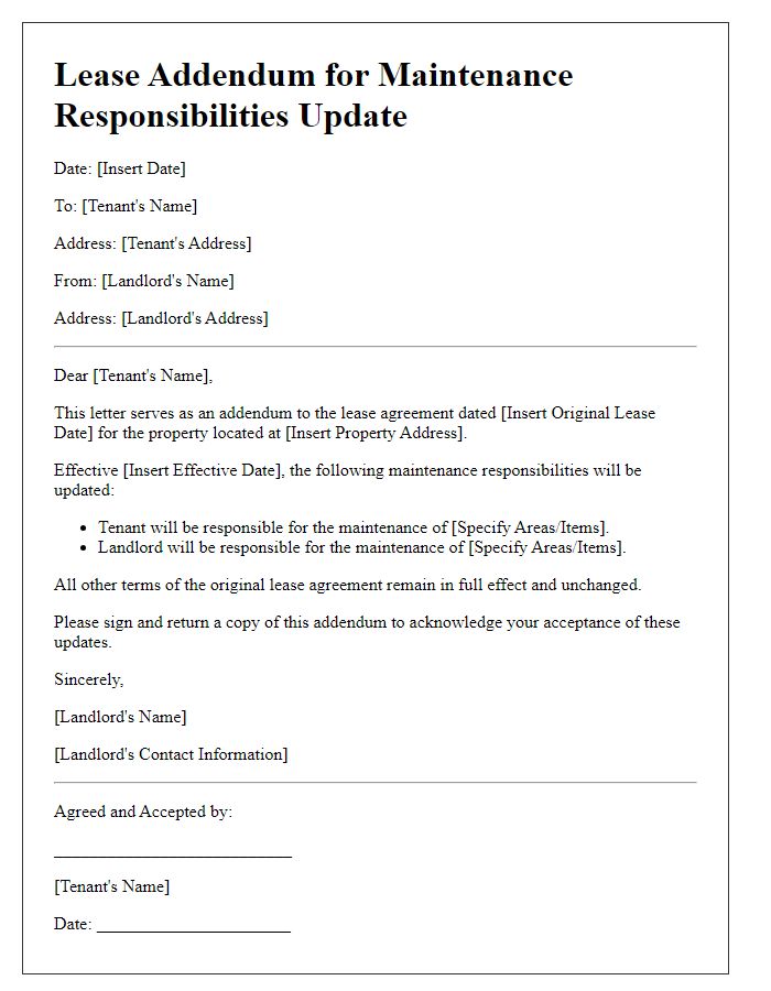 Letter template of lease addendum for maintenance responsibilities update