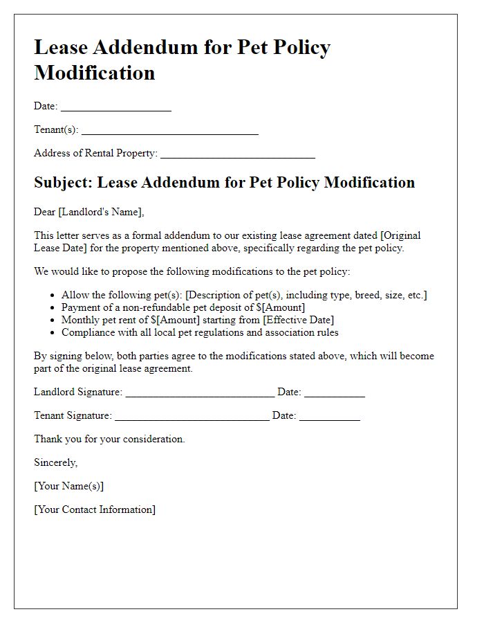 Letter template of lease addendum for pet policy modification