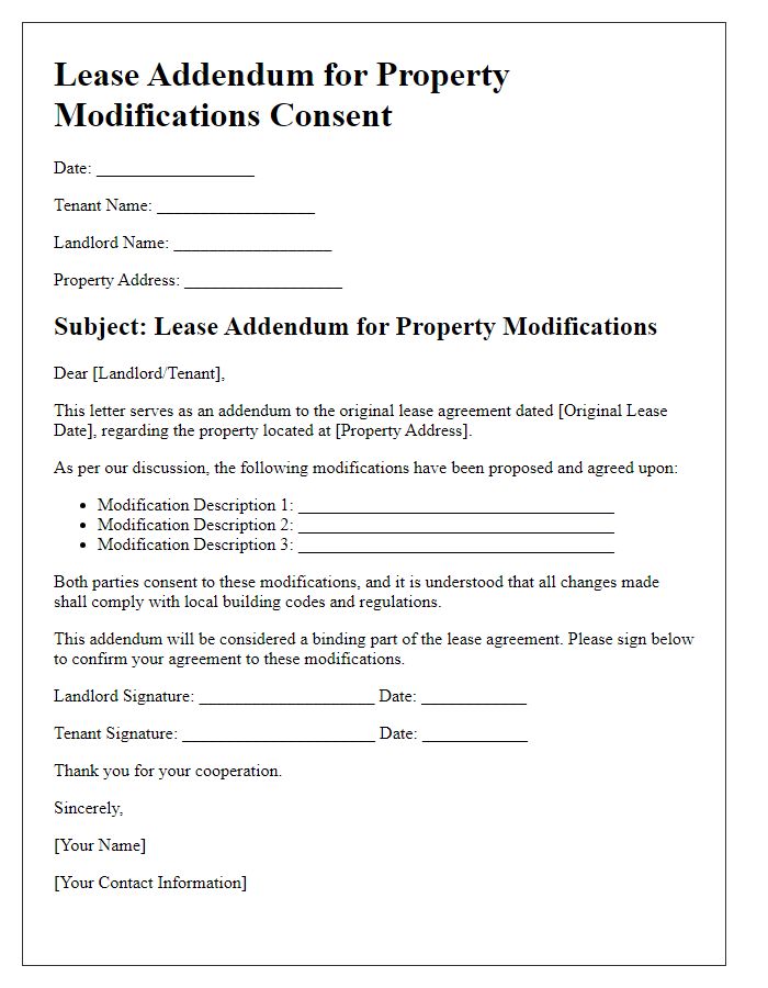 Letter template of lease addendum for property modifications consent