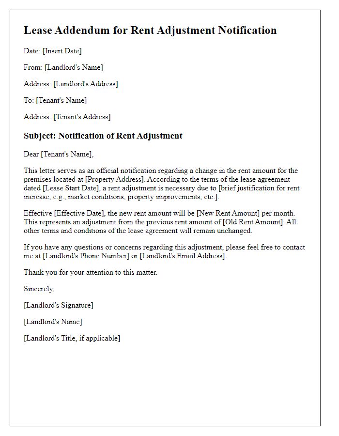 Letter template of lease addendum for rent adjustment notification