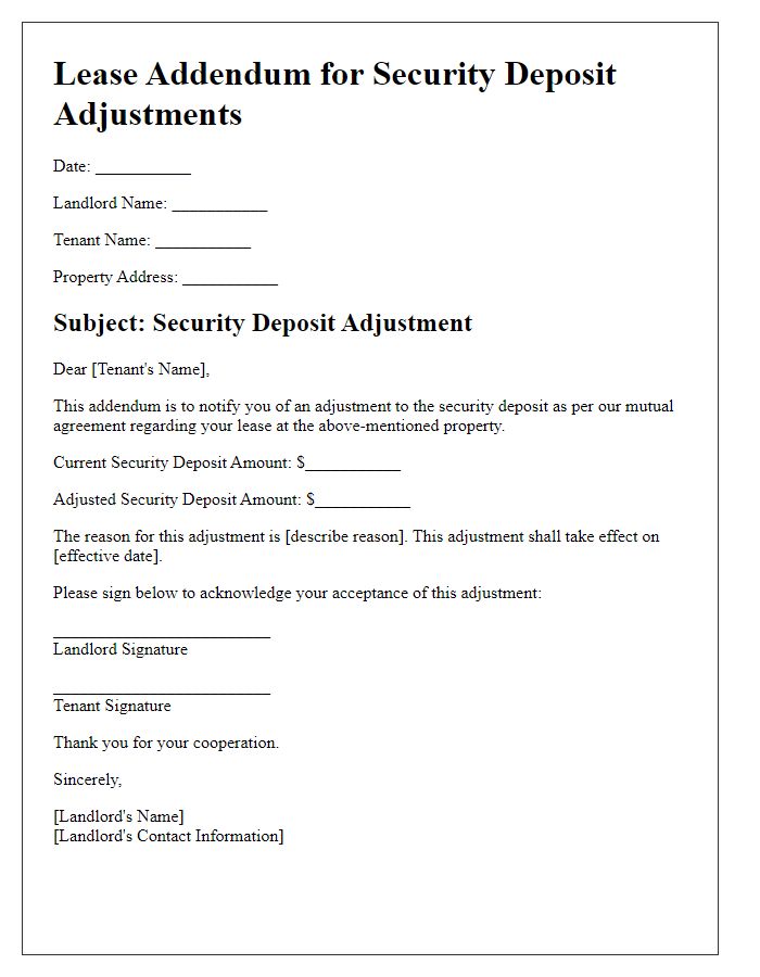 Letter template of lease addendum for security deposit adjustments