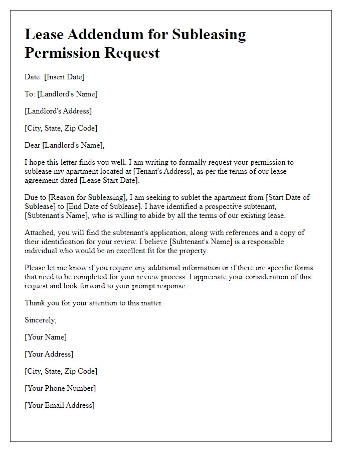 Letter template of lease addendum for subleasing permission request