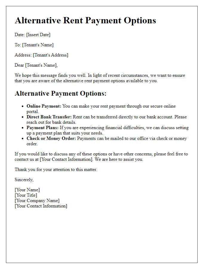 Letter template of alternative rent payment options