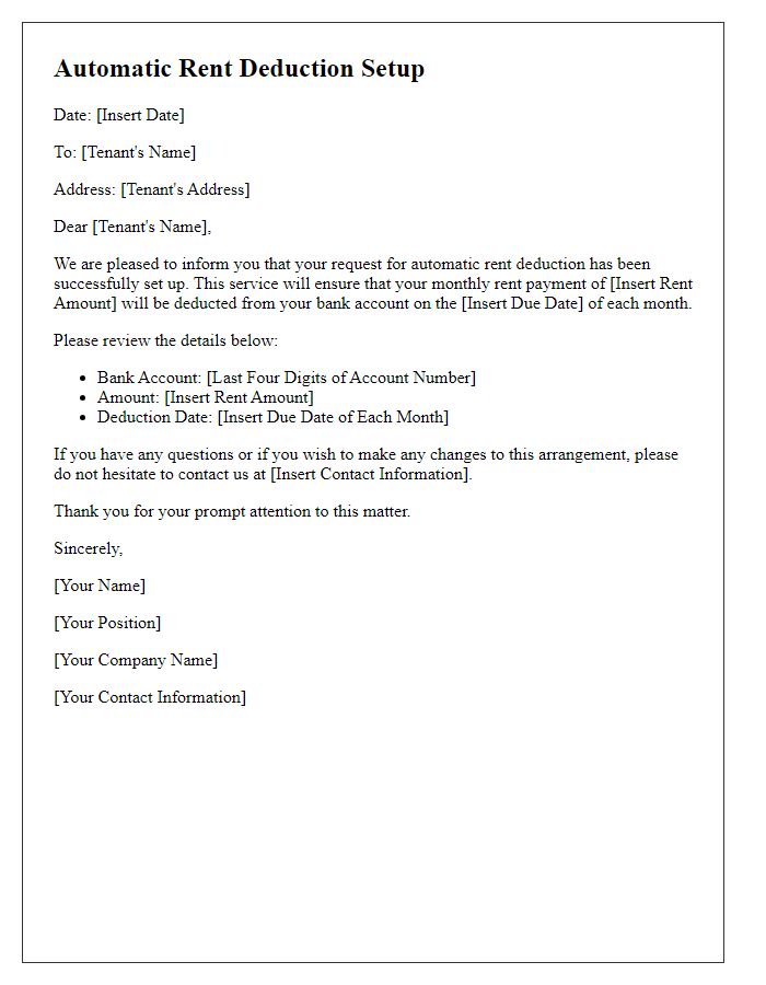 Letter template of automatic rent deduction setup