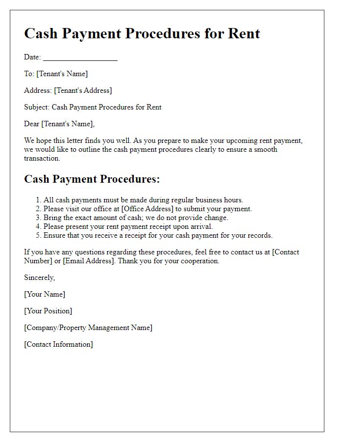 Letter template of cash payment procedures for rent